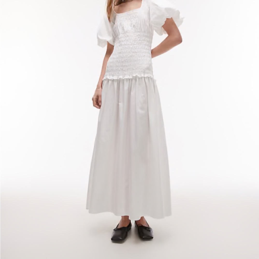Topshop White Smocked Blouse with Puff Sleeves